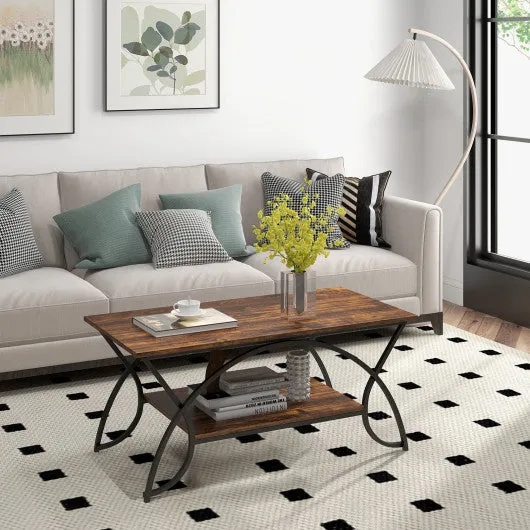 2-Tier Faux Marble Coffee Table with Marble Top and Metal Frame-Rustic Brown