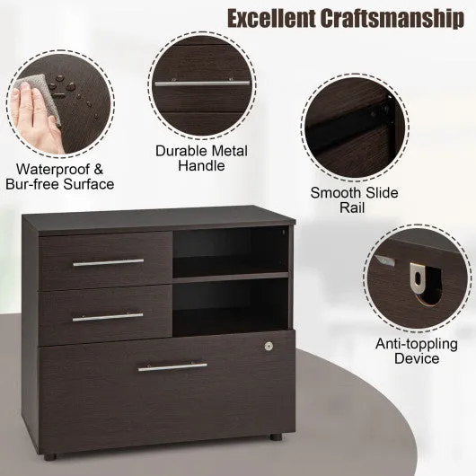 3 Drawer Lateral File Cabinet on Wheels with Storage Shelves-Brown