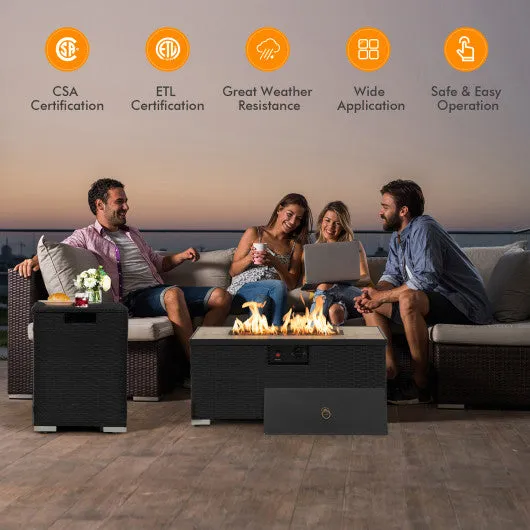 32 x 20 Inch Propane Rattan Fire Pit Table Set with Side Table Tank and Cover-Black
