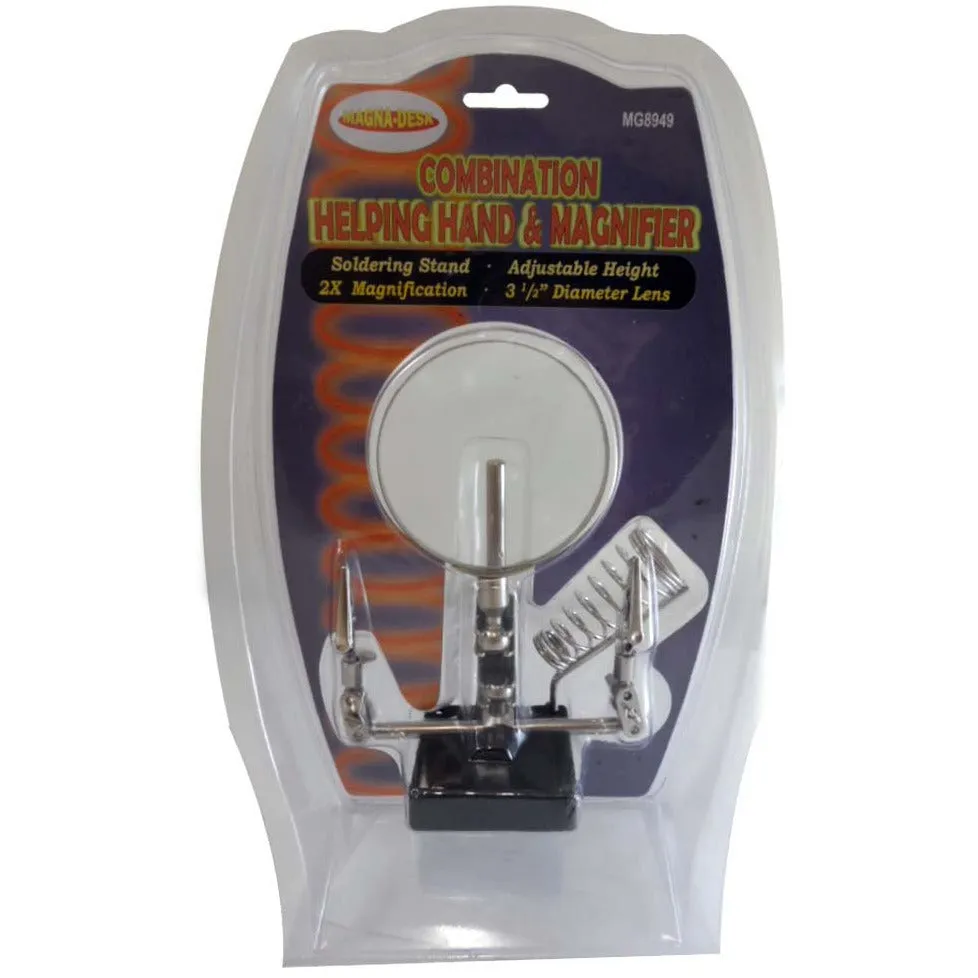 3.5" Diameter, 2x Power Magnifier And 2 Alligator Clips, All Adjustable, With Soldering Iron Stand  - MG-08949