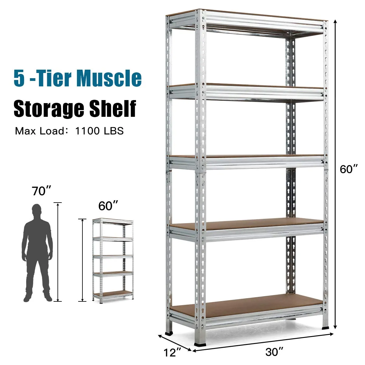 5-Tier Storage Shelves, Heavy Duty Steel Frame Muscle Rack 60in Garage Shelf