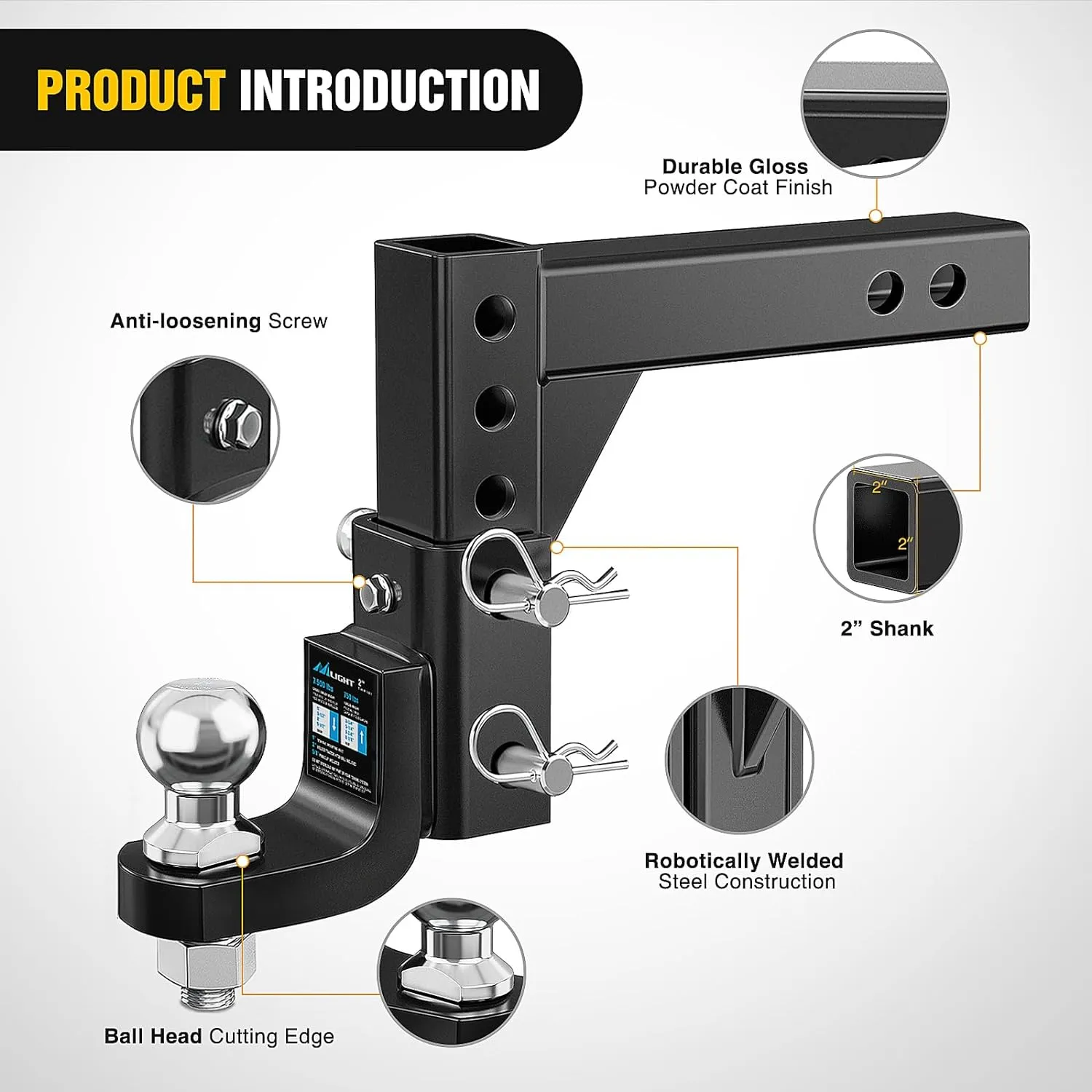 8 Position Adjustable Trailer Hitch Ball Mount with 2 Inch Trailer Ball