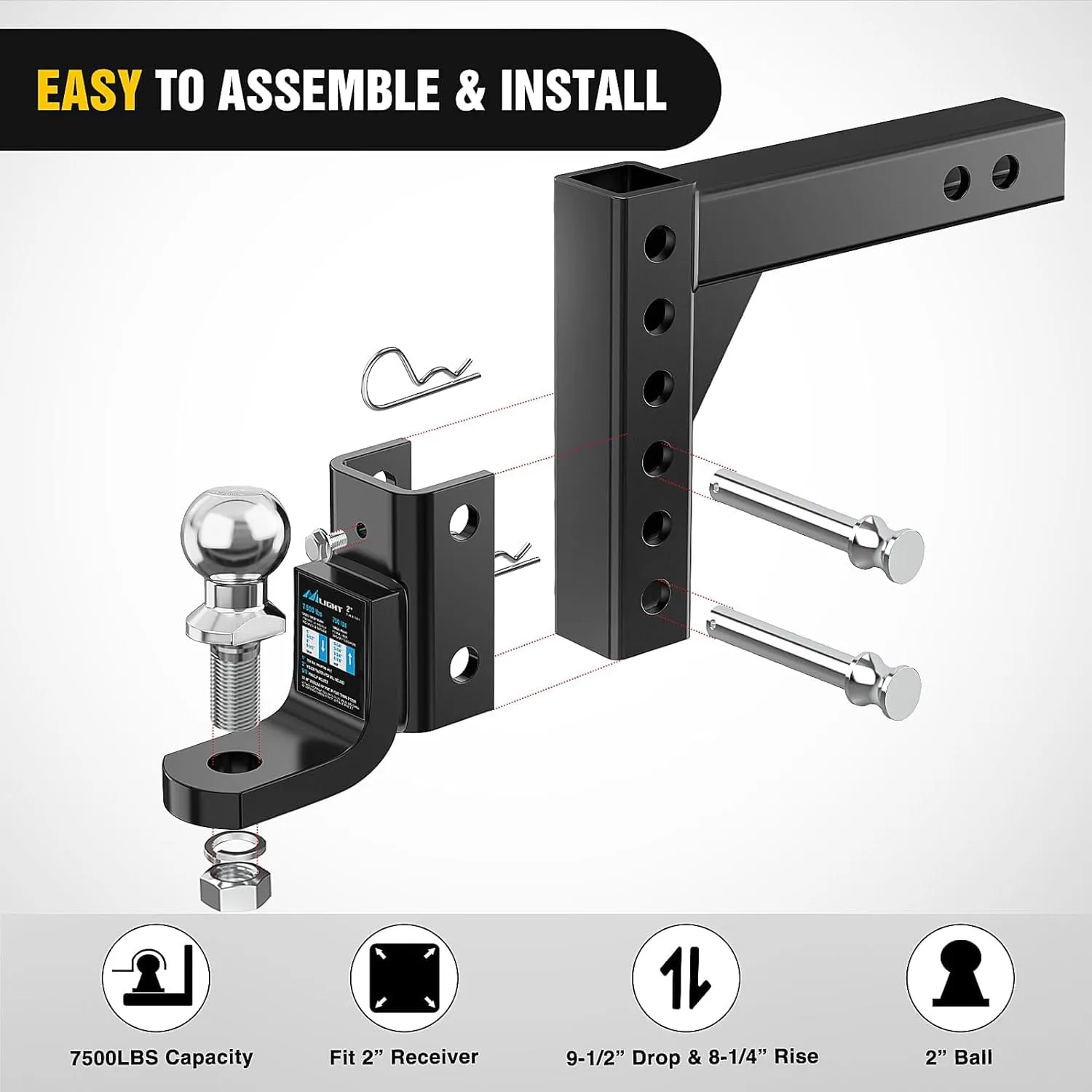 8 Position Adjustable Trailer Hitch Ball Mount with 2 Inch Trailer Ball