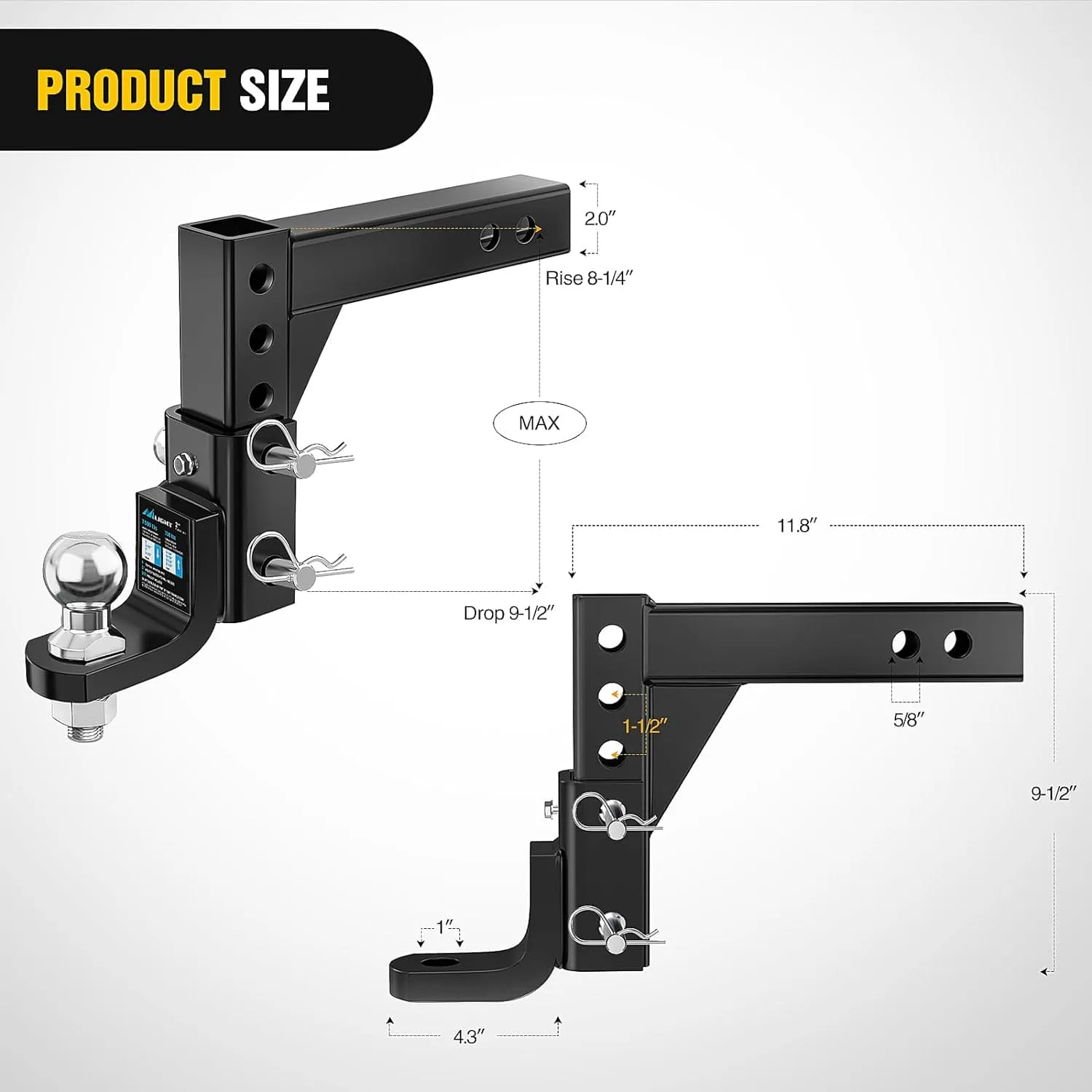 8 Position Adjustable Trailer Hitch Ball Mount with 2 Inch Trailer Ball