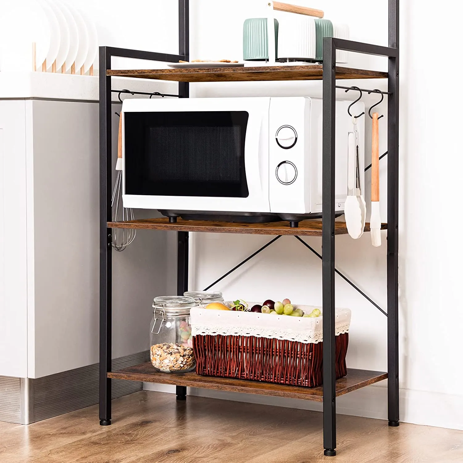 Bakers Rack, 4 Tier Microwave Stand with Storage, Multifunctional Baker's Rack, Wooden Kitchen Storage Shelf