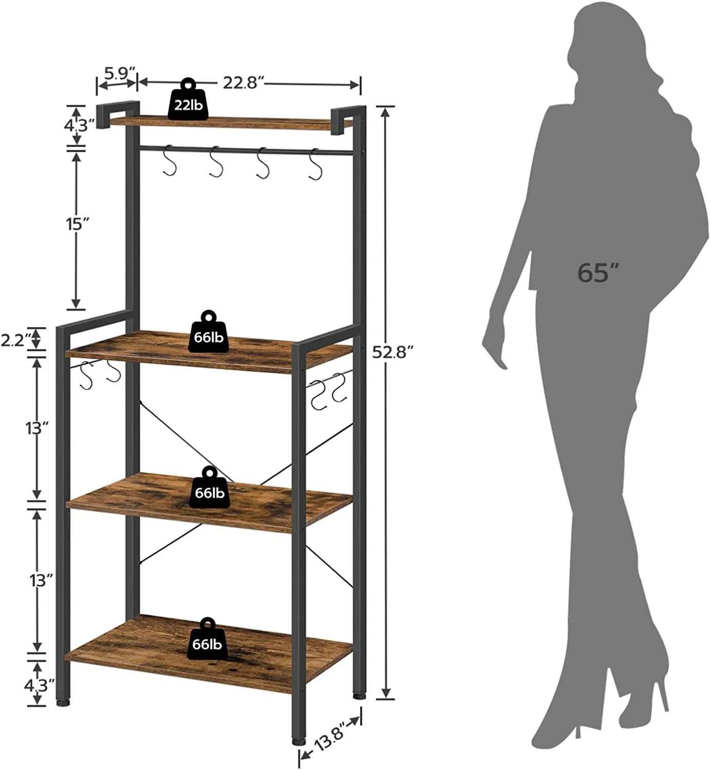 Bakers Rack, 4 Tier Microwave Stand with Storage, Multifunctional Baker's Rack, Wooden Kitchen Storage Shelf