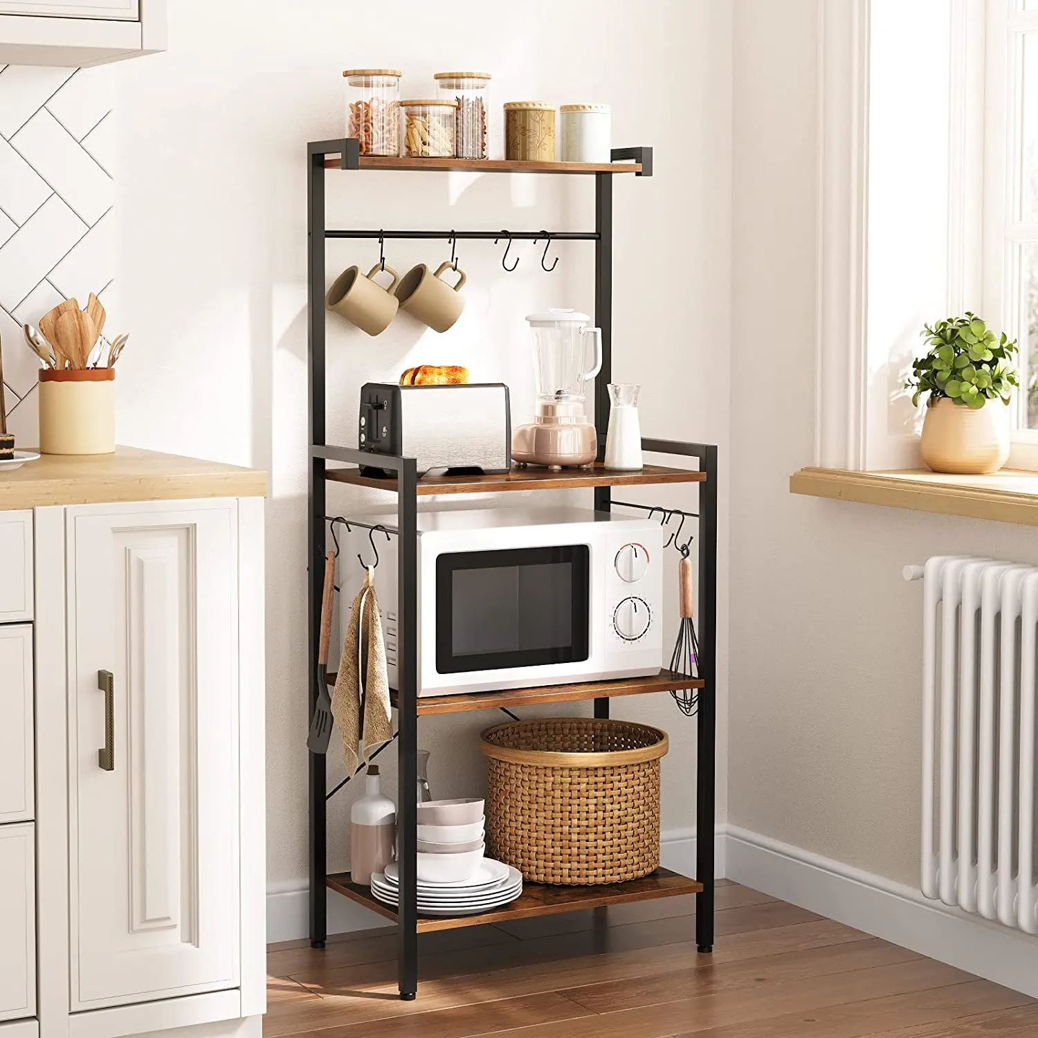 Bakers Rack, 4 Tier Microwave Stand with Storage, Multifunctional Baker's Rack, Wooden Kitchen Storage Shelf