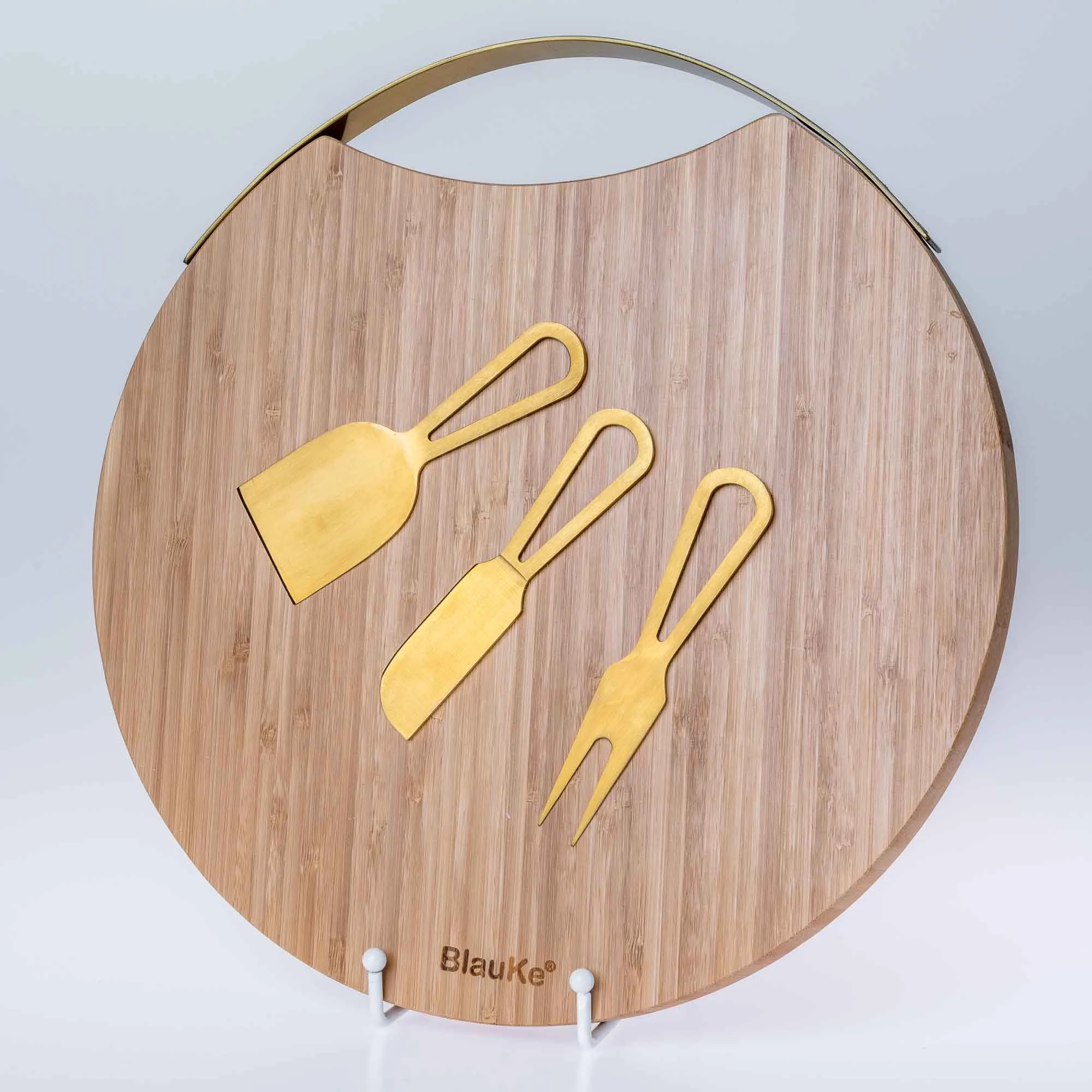 Bamboo Cheese Board and Knife Set with Magnetic Cutlery Storage - 13 inch Round Charcuterie Board