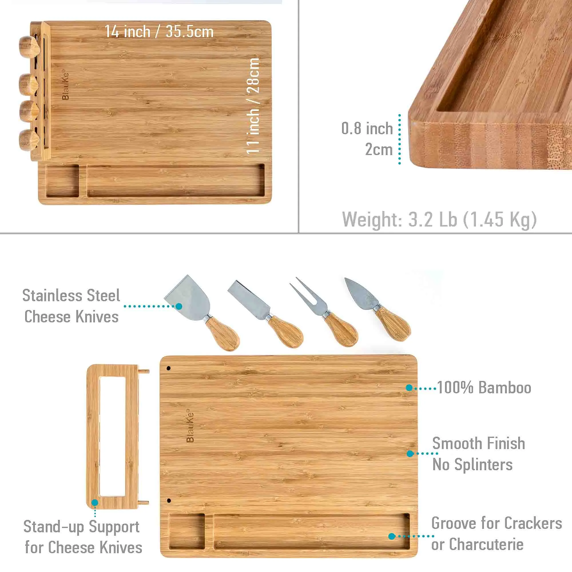 BlauKe Bamboo Cheese 14"x11" Charcuterie Board with Knife Set