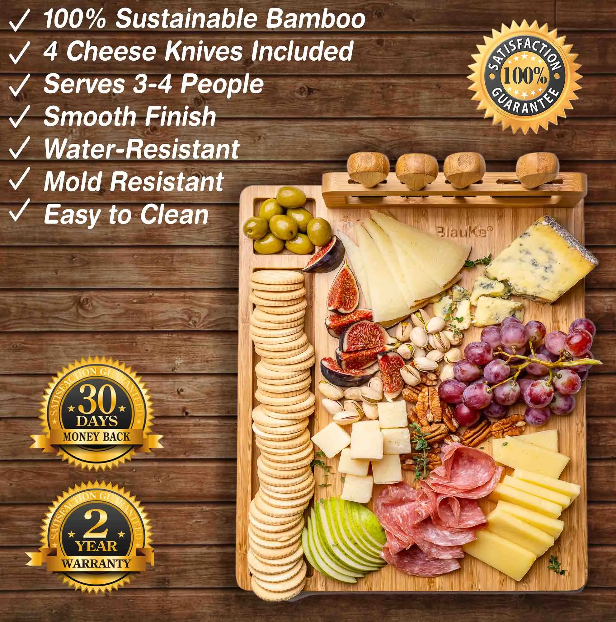 BlauKe Bamboo Cheese 14"x11" Charcuterie Board with Knife Set