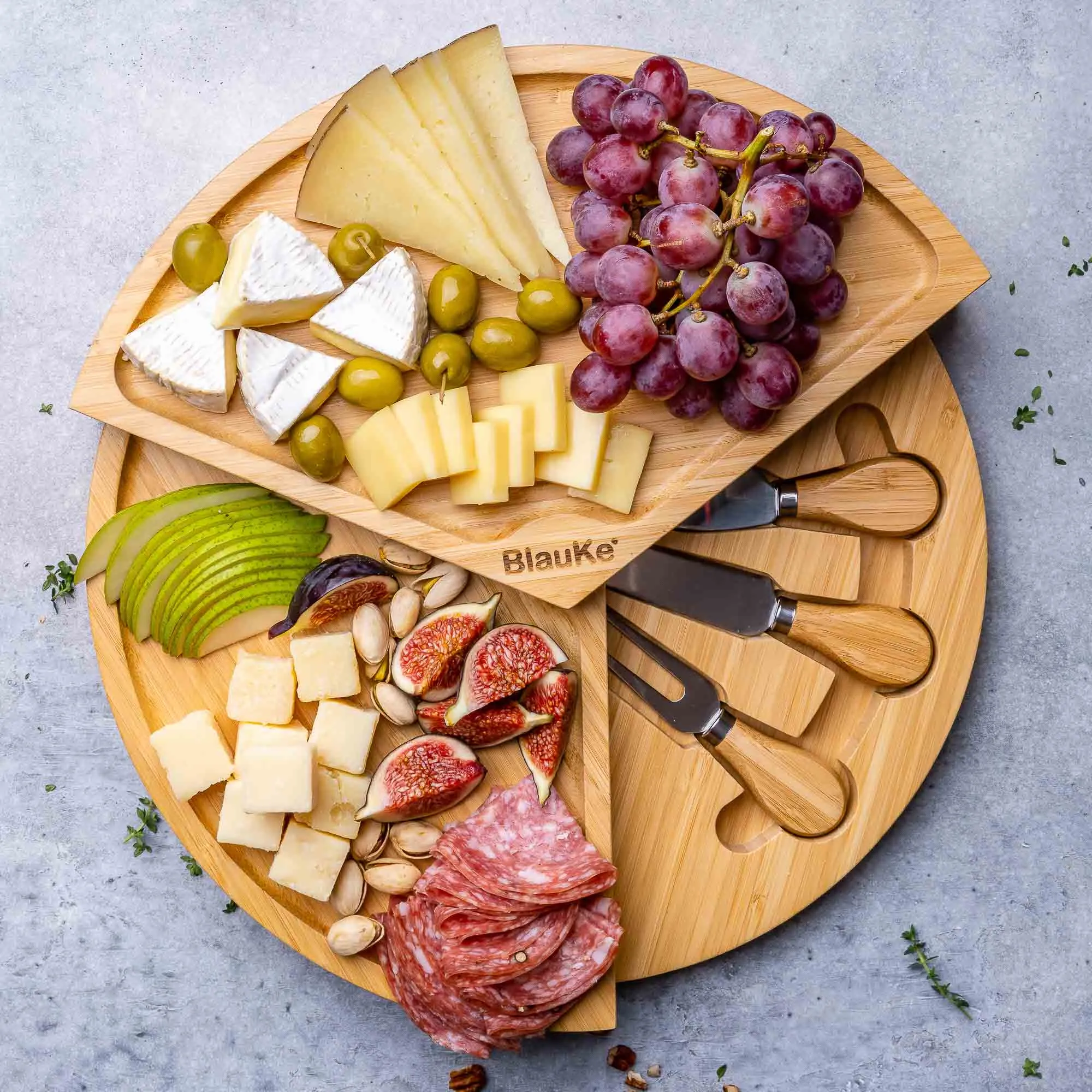 BlauKe Bamboo Cheese Board and Knife Set - 14" Swiveling Charcuterie