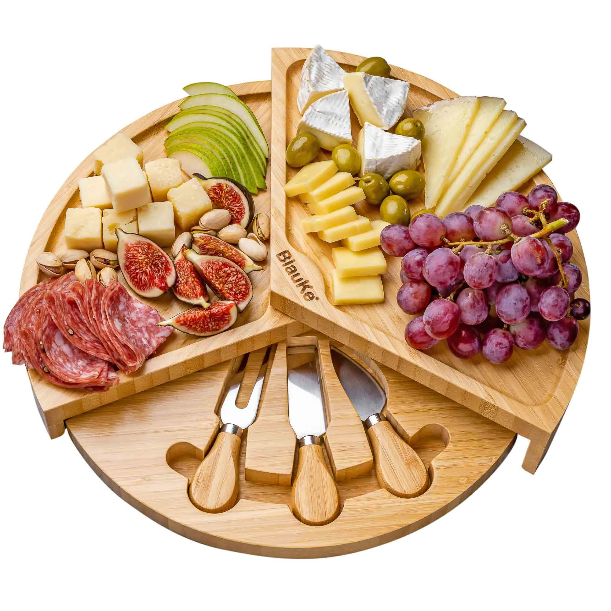 BlauKe Bamboo Cheese Board and Knife Set - 14" Swiveling Charcuterie