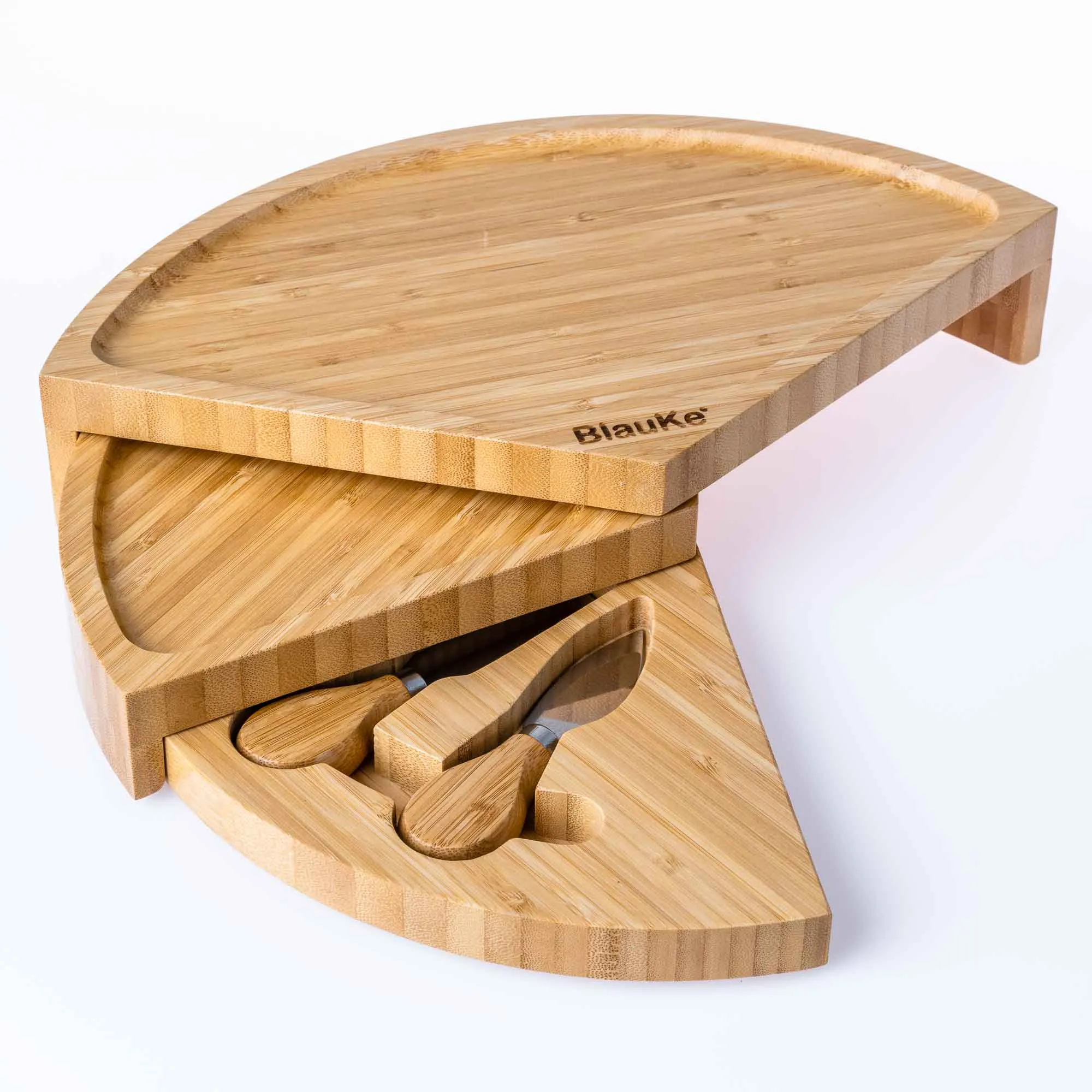 BlauKe Bamboo Cheese Board and Knife Set - 14" Swiveling Charcuterie