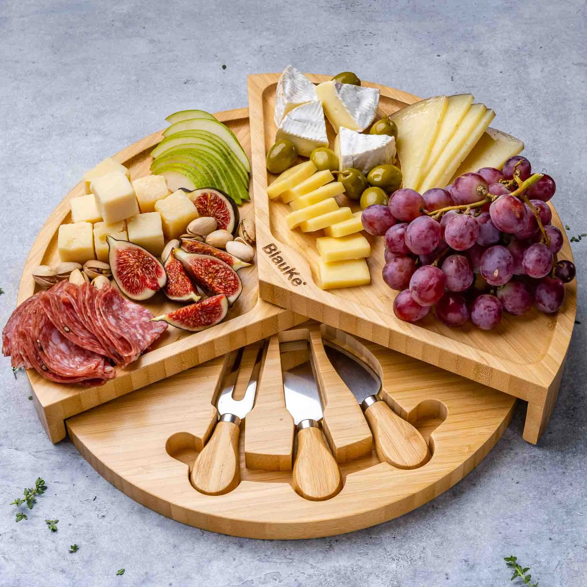 BlauKe Bamboo Cheese Board and Knife Set - 14" Swiveling Charcuterie