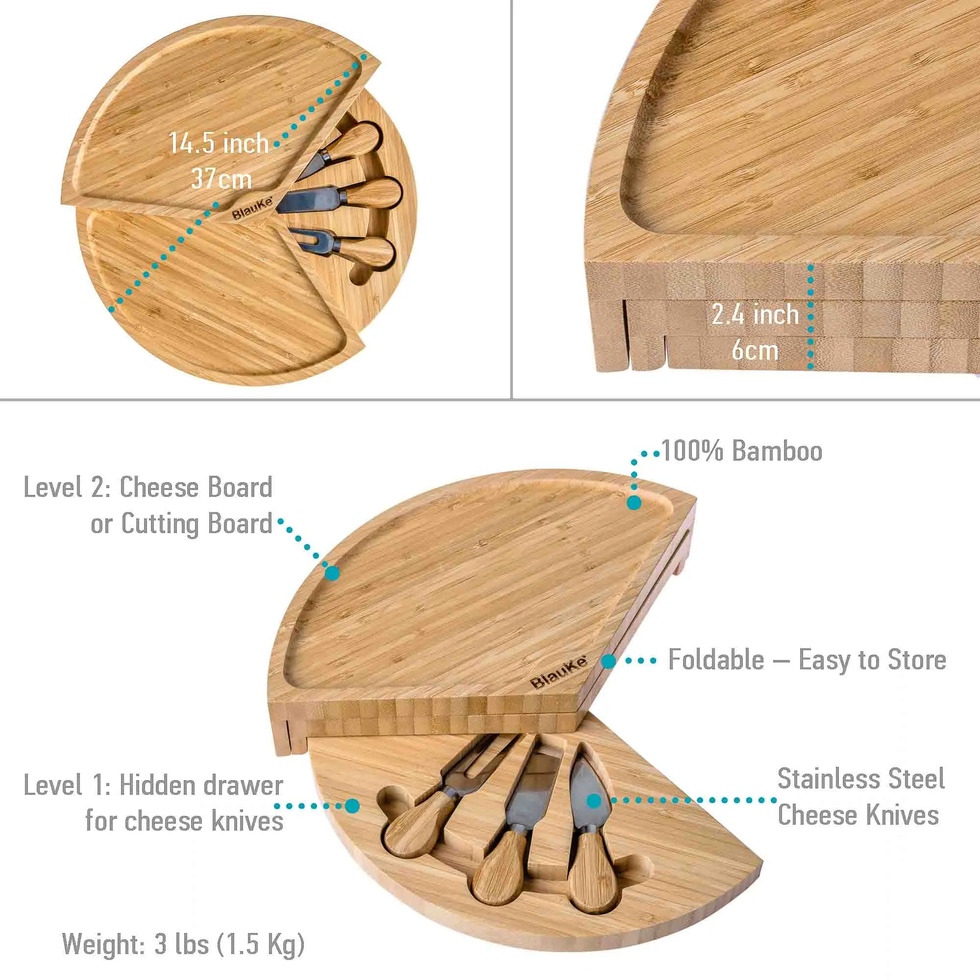 BlauKe Bamboo Cheese Board and Knife Set - 14" Swiveling Charcuterie