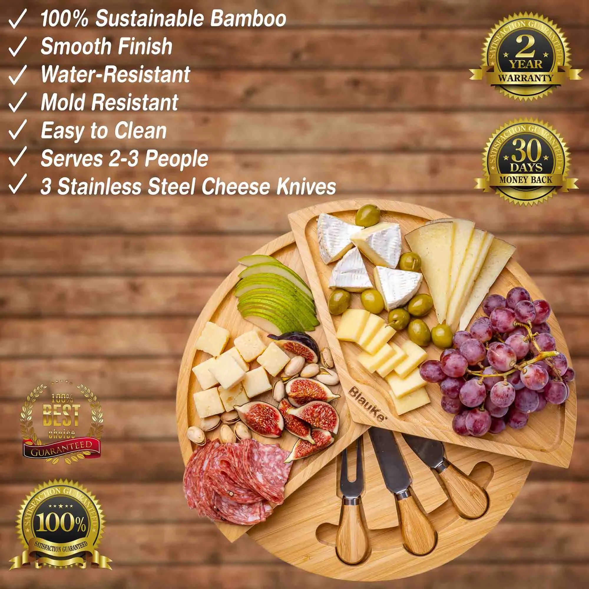 BlauKe Bamboo Cheese Board and Knife Set - 14" Swiveling Charcuterie
