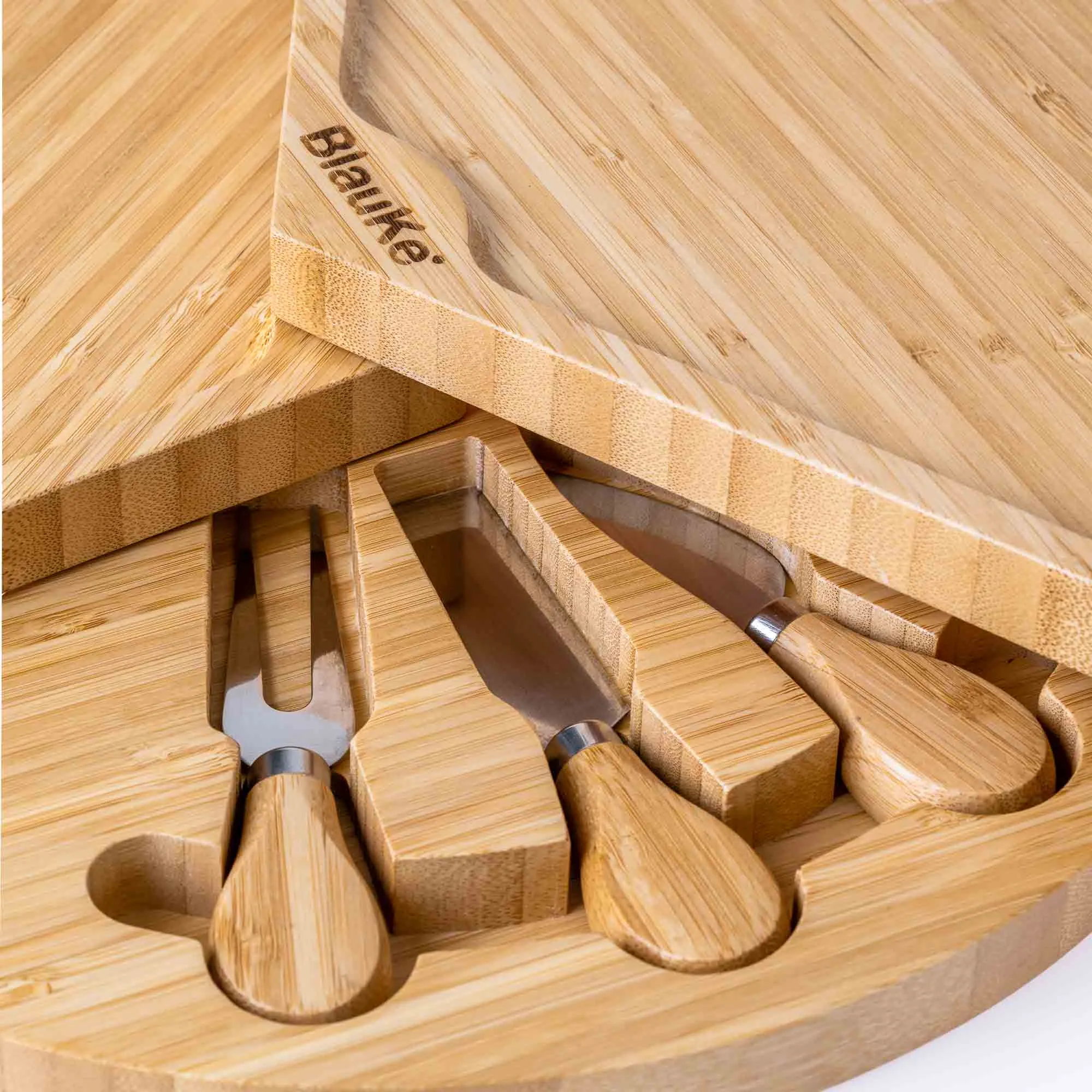BlauKe Bamboo Cheese Board and Knife Set - 14" Swiveling Charcuterie