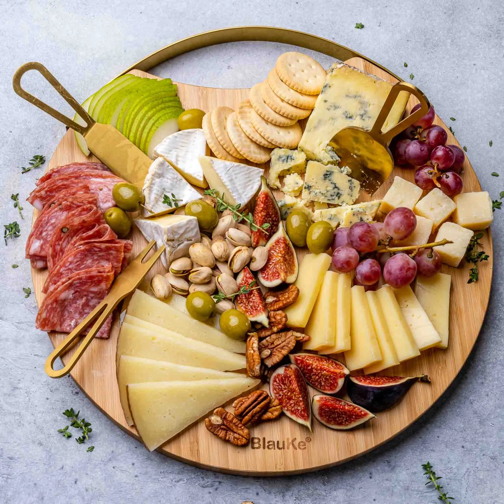BlauKe Bamboo Cheese Board and Knife Set with Magnetic Cutlery Storage