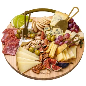 BlauKe Bamboo Cheese Board and Knife Set with Magnetic Cutlery Storage