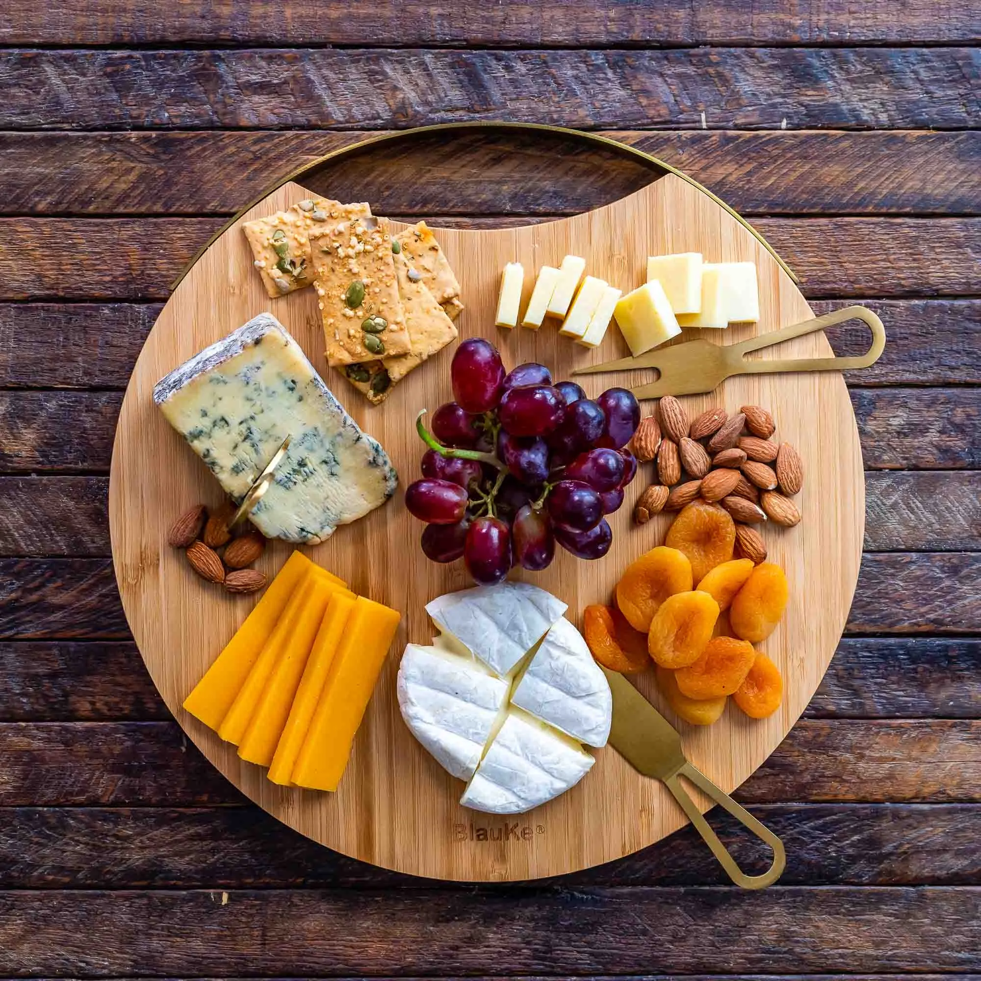 BlauKe Bamboo Cheese Board and Knife Set with Magnetic Cutlery Storage