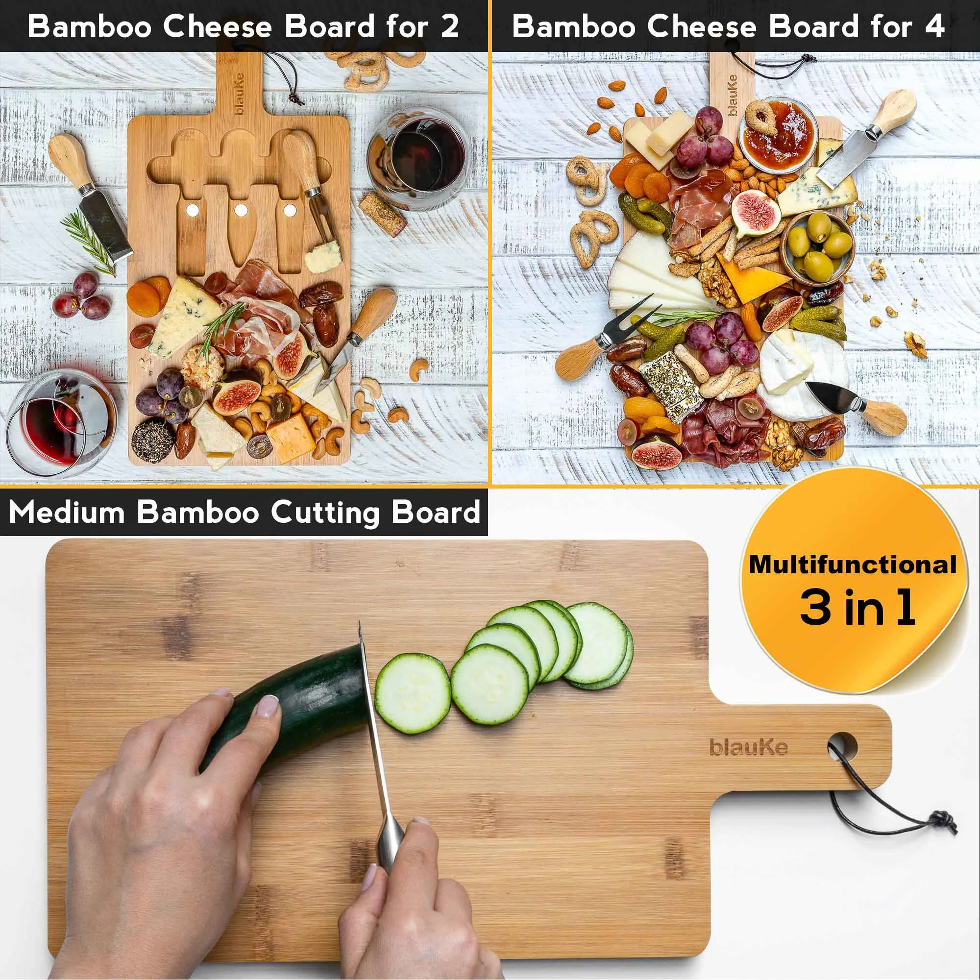 BlauKe Bamboo Cheese Charcuterie Board and Knife Set - 12x8 inch