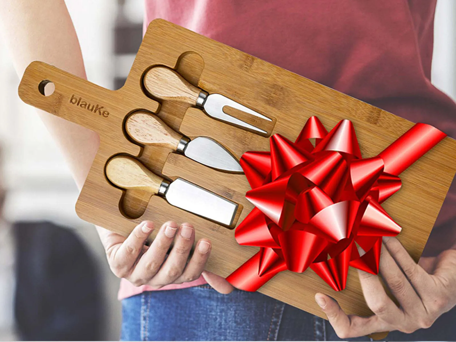BlauKe Bamboo Cheese Charcuterie Board and Knife Set - 12x8 inch