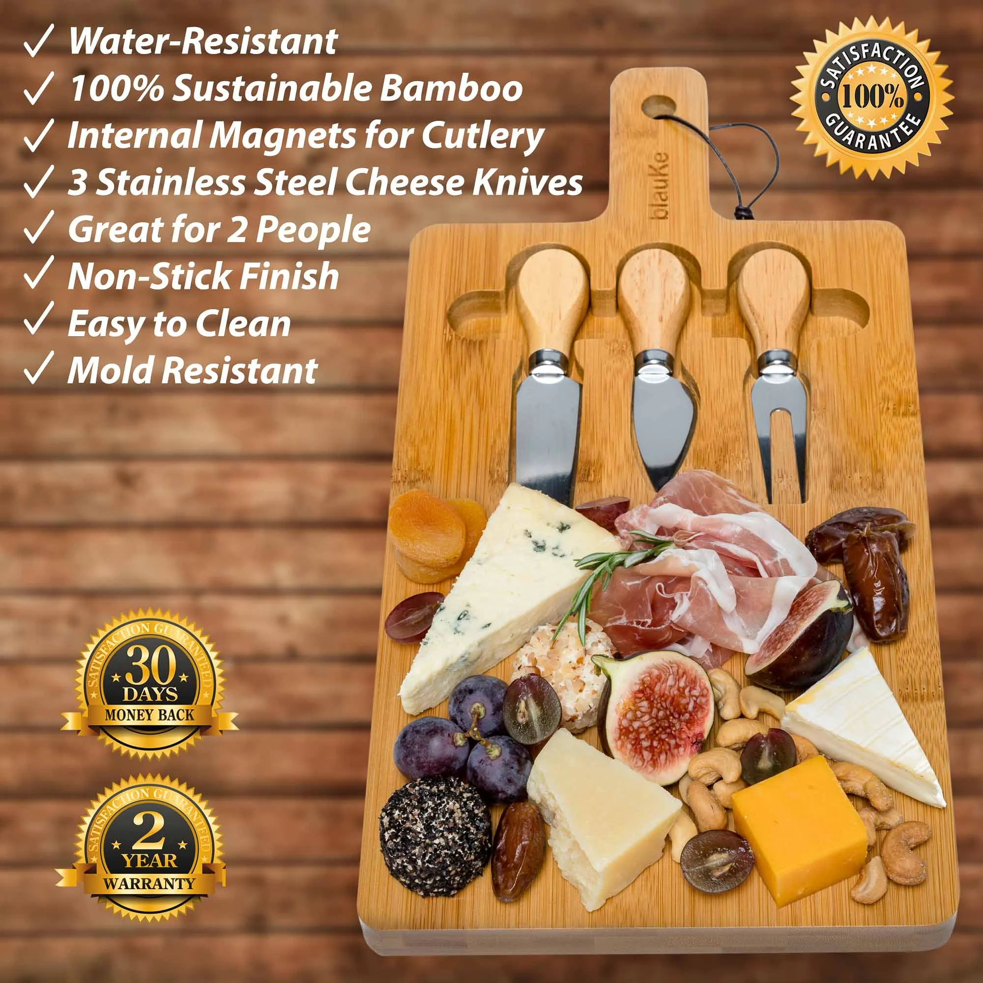 BlauKe Bamboo Cheese Charcuterie Board and Knife Set - 12x8 inch