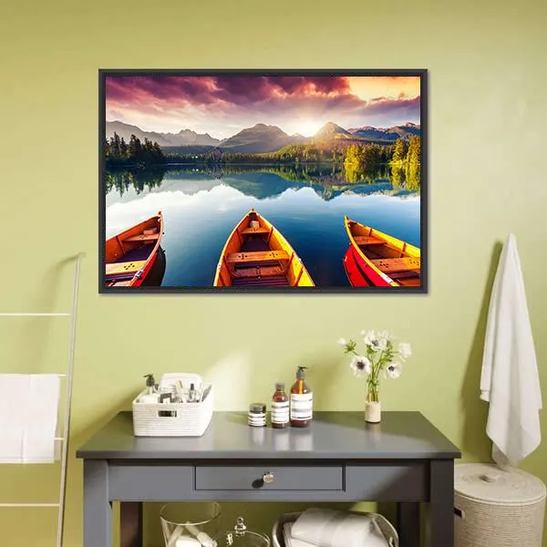 Boats In Mountain Lake Canvas Wall Art