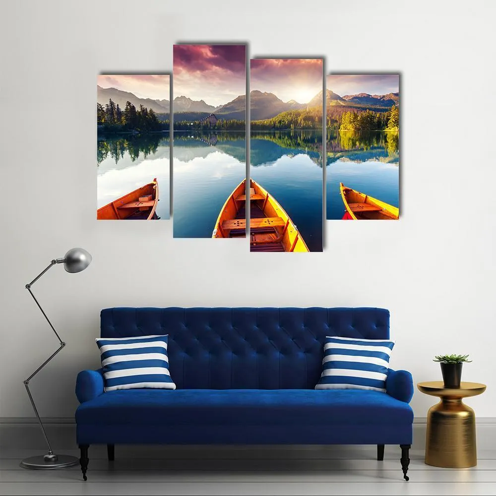 Boats In Mountain Lake Canvas Wall Art
