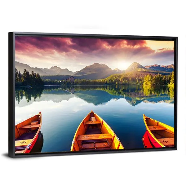 Boats In Mountain Lake Canvas Wall Art