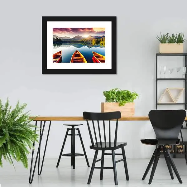 Boats In Mountain Lake Canvas Wall Art