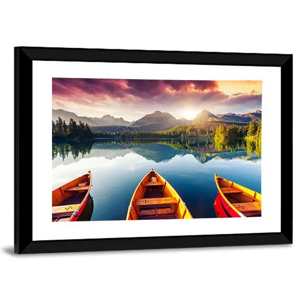 Boats In Mountain Lake Canvas Wall Art