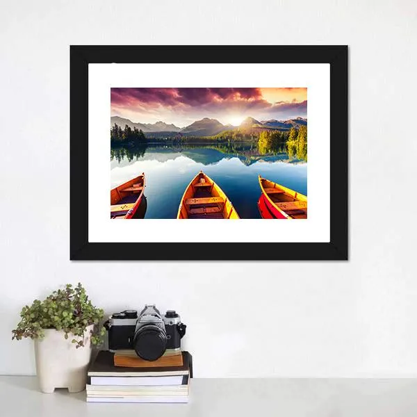 Boats In Mountain Lake Canvas Wall Art