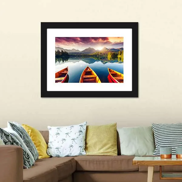 Boats In Mountain Lake Canvas Wall Art