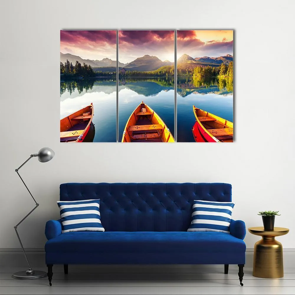 Boats In Mountain Lake Canvas Wall Art