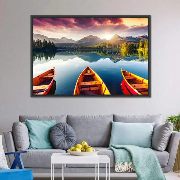 Boats In Mountain Lake Canvas Wall Art