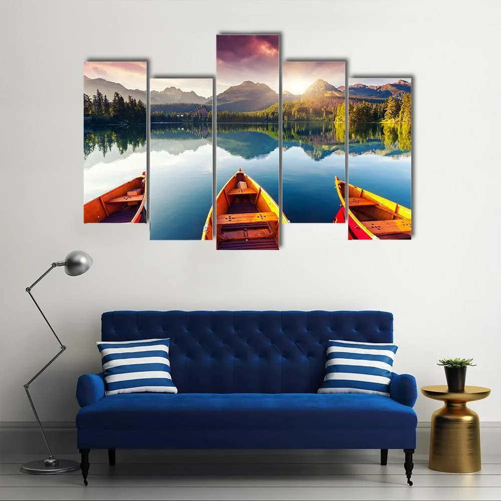 Boats In Mountain Lake Canvas Wall Art