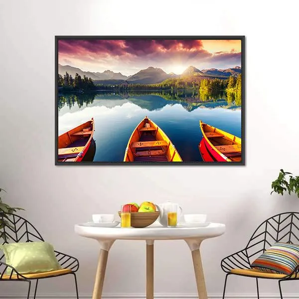 Boats In Mountain Lake Canvas Wall Art