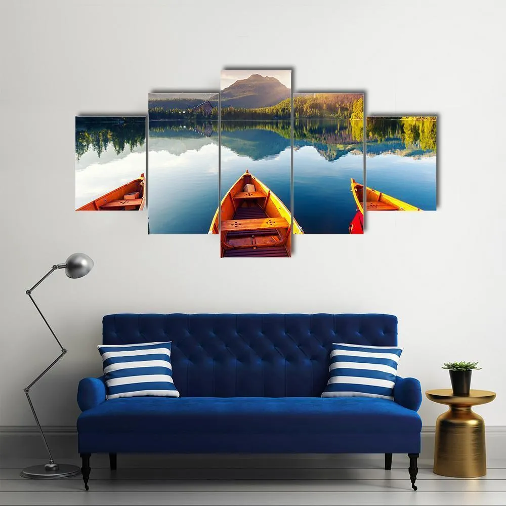 Boats In Mountain Lake Canvas Wall Art