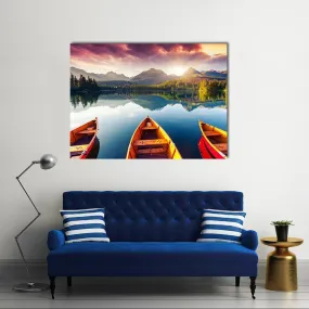 Boats In Mountain Lake Canvas Wall Art