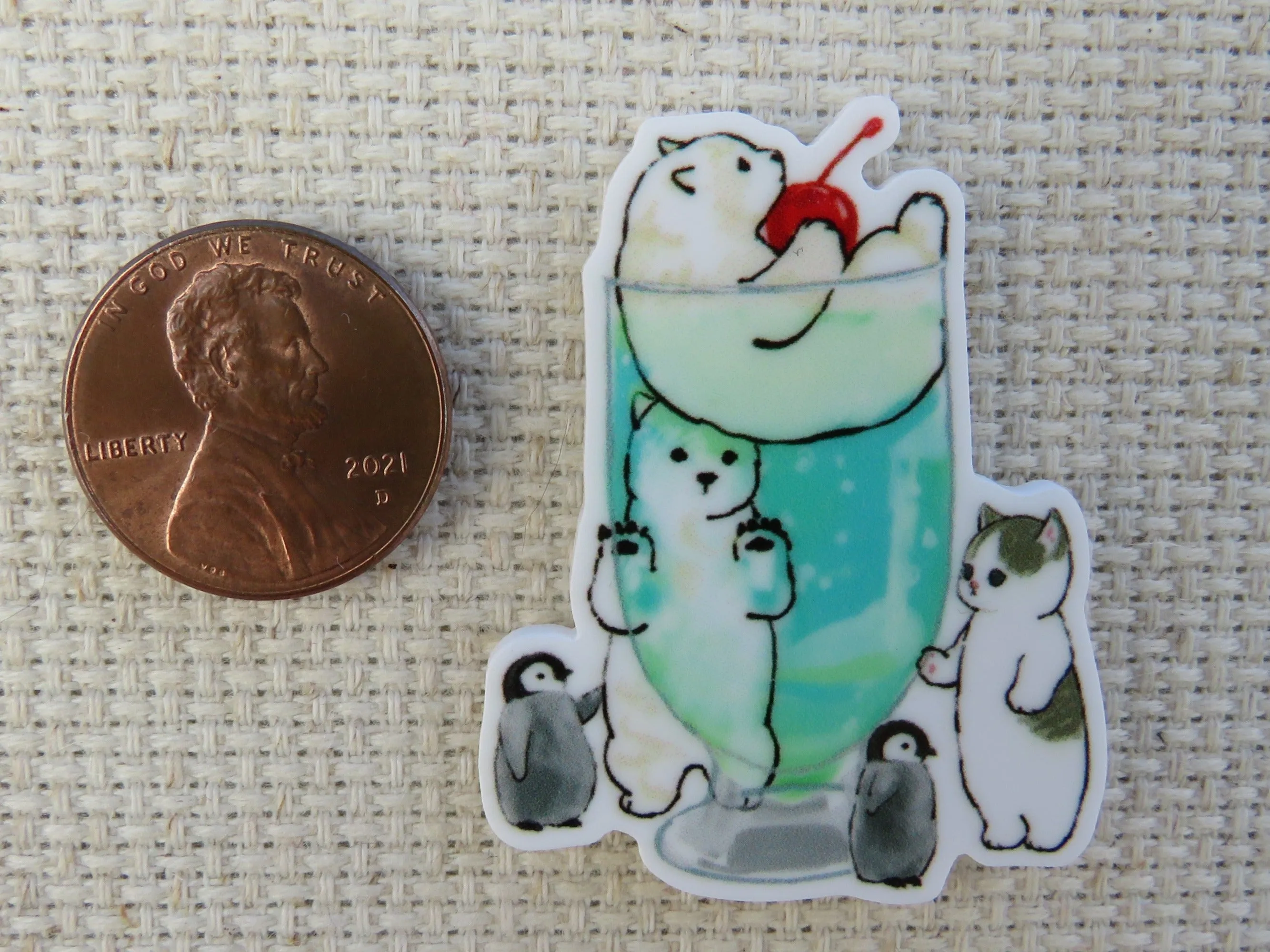 Bubbly Drink with a Kitty, Polar Bears and Penguins Needle Minder, Cover Minder, Magnet
