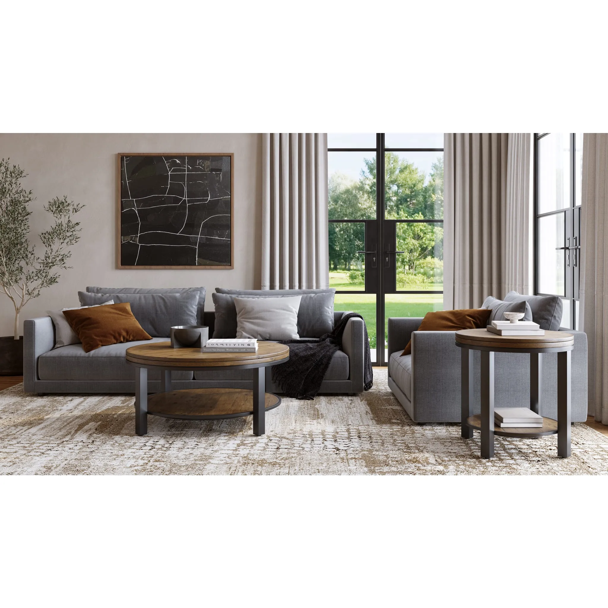Canyon Solid Wood and Metal Round End Table in Washed Grey