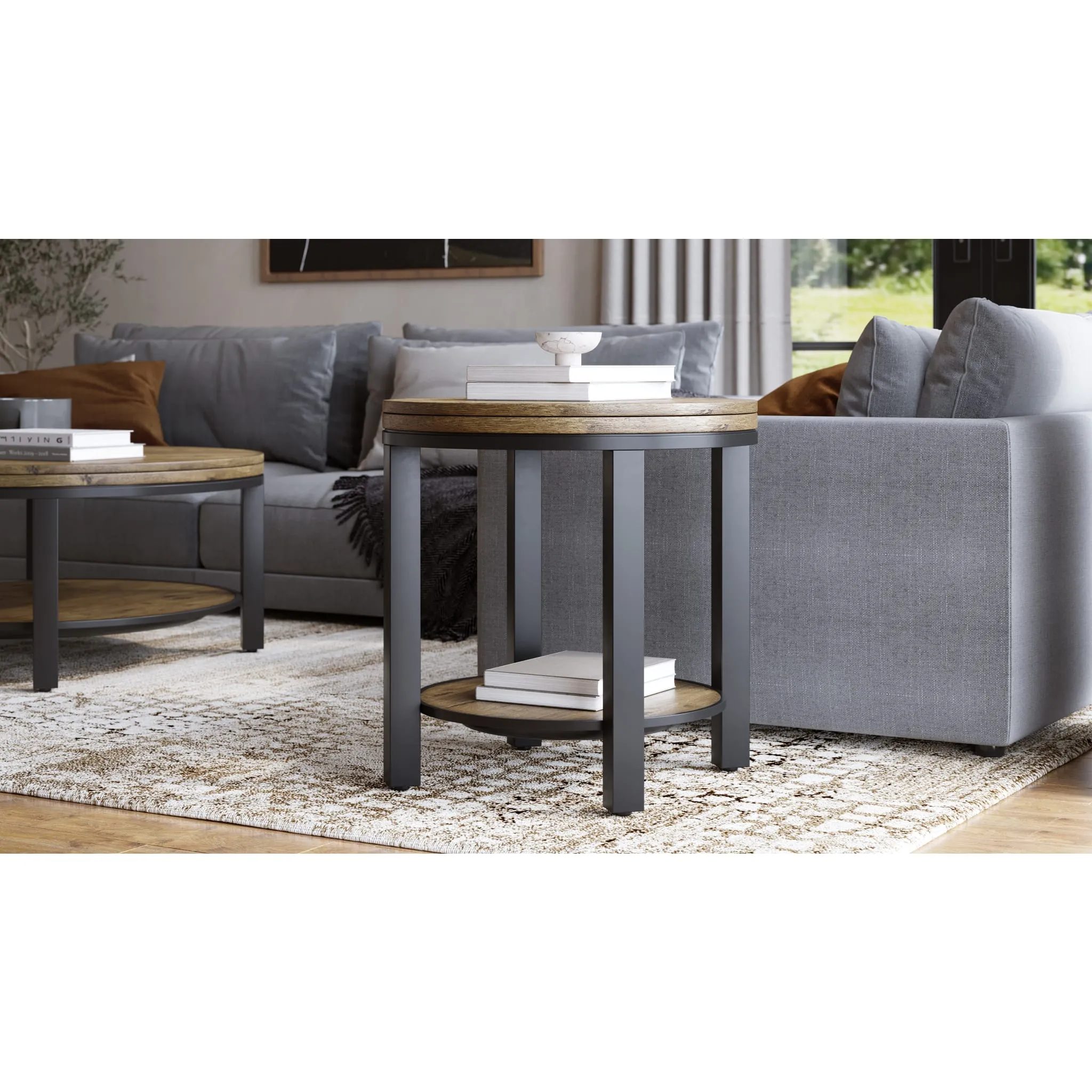 Canyon Solid Wood and Metal Round End Table in Washed Grey