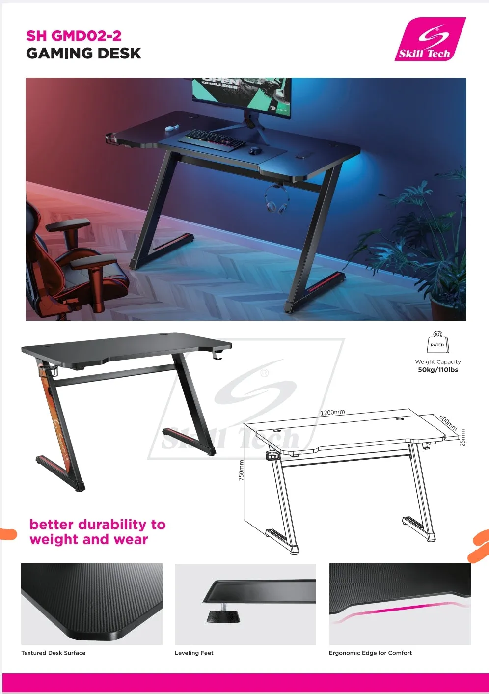 Carbon Fiber Tabletop Z-Shaped Gaming Desk with Cup Holder and Headphone Hook SH GMD-02-2 Black
