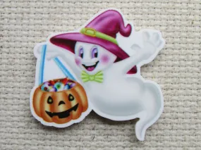 Cartoon Ghost with a Pumpkin Bucket Needle Minder, Cover Minder, Magnet