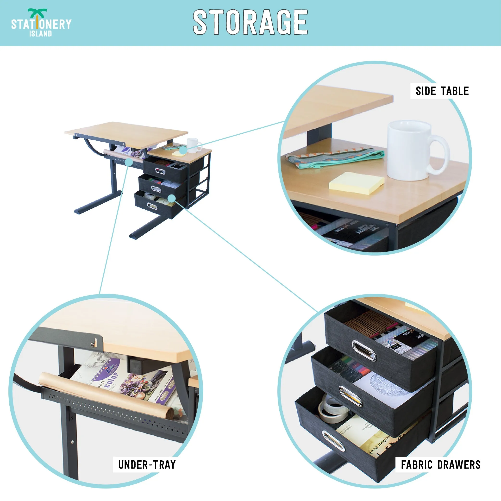 Caye Drafting Table - Art & Crafts Desk with Storage, Stool & Clips