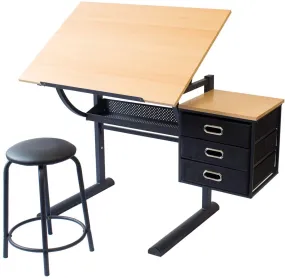 Caye Drafting Table - Art & Crafts Desk with Storage, Stool & Clips