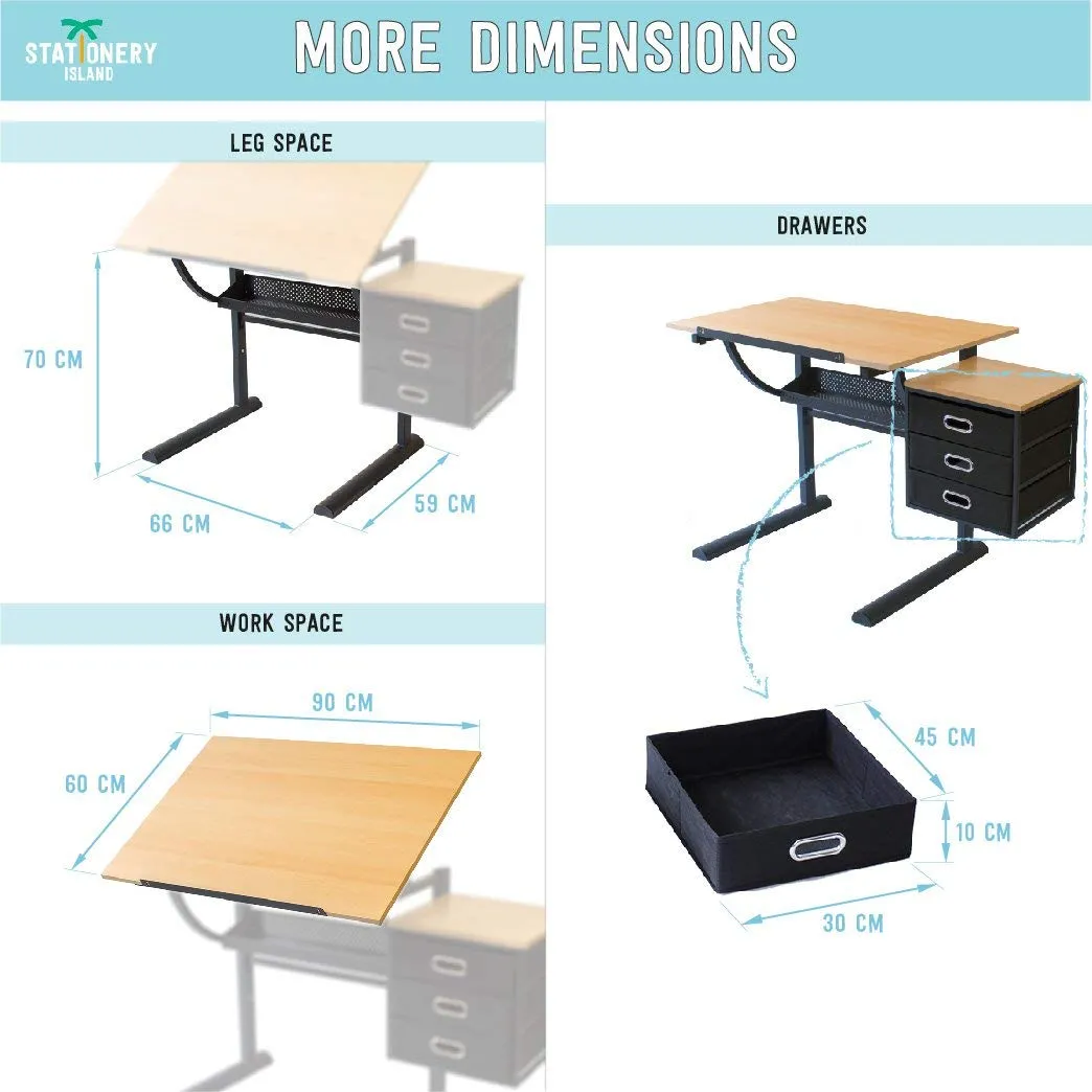 Caye Drafting Table - Art & Crafts Desk with Storage, Stool & Clips