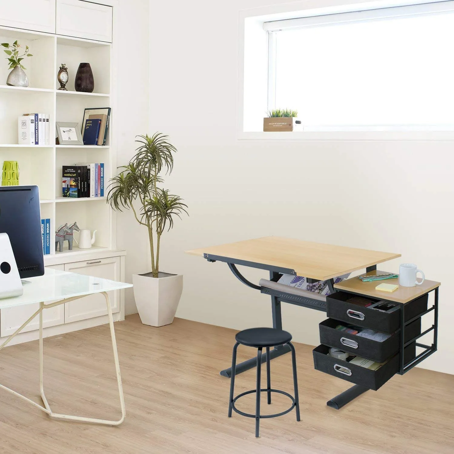 Caye Drafting Table - Art & Crafts Desk with Storage, Stool & Clips
