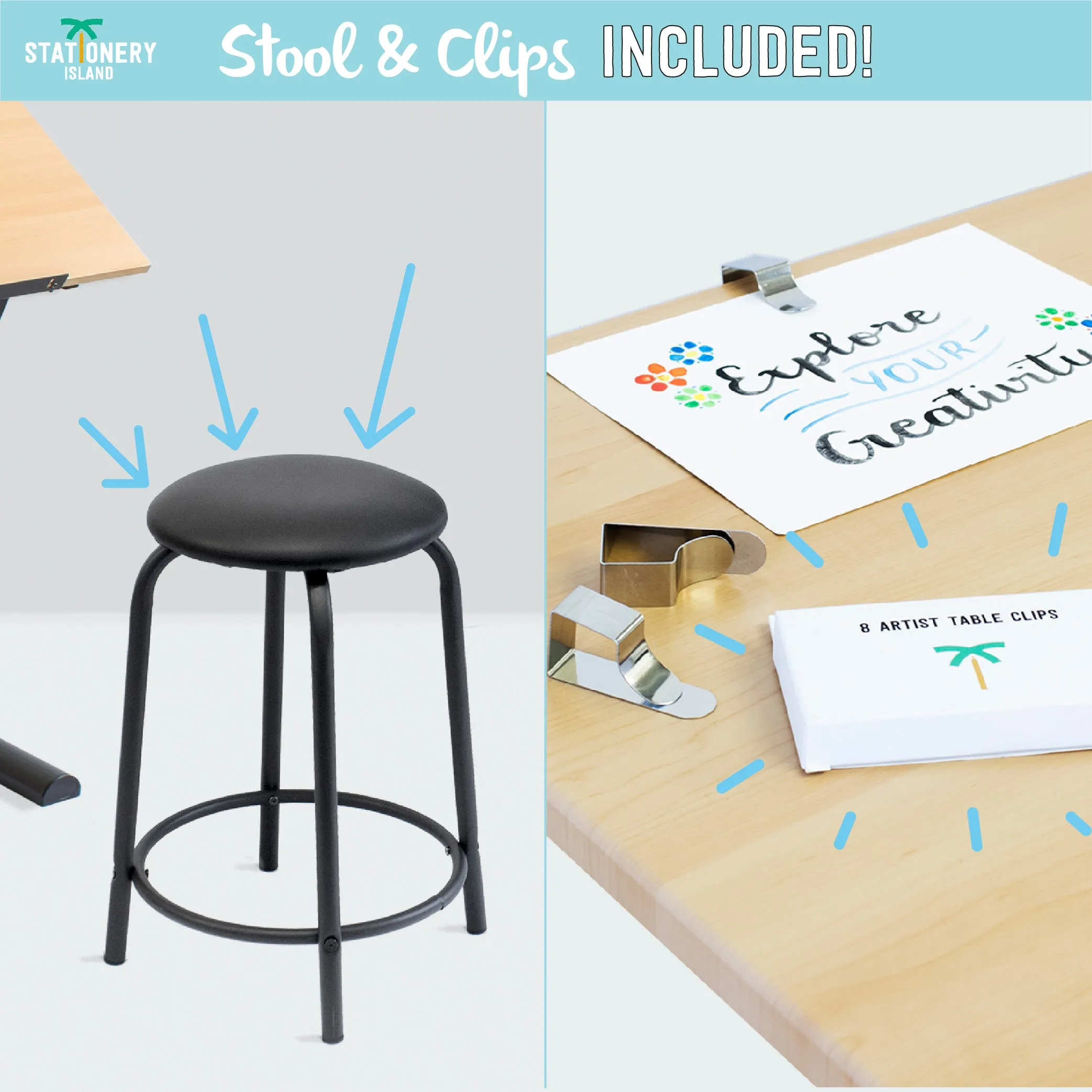 Caye Drafting Table - Art & Crafts Desk with Storage, Stool & Clips
